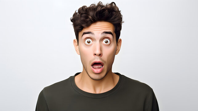 Young man with shocked surprised expression with wide open eyes and mouth, studio portrait, surprise shock