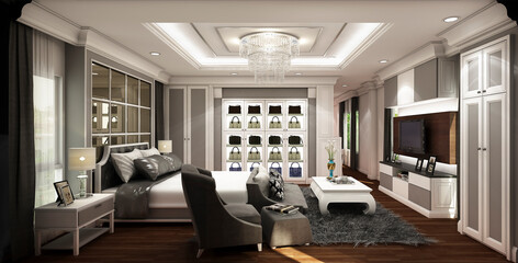 3d render illustration home owner bedroom and Walk In Cosse design It is designed for the use of two people in middle age.