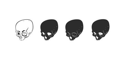 Hand drawn vector abstract graphic line art collection set of Human skeleton skull silhouettes isolated on white background. Vector hand drawn sketch illustration. Doodle Halloween anatomy icons set.
