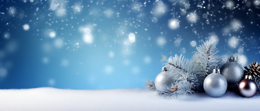 christmas backgrounds with snowflakes, christmas trees, christmas balls of decorations, image of frosted spruce branches and small drifts of pure snow with bokeh Christmas lights and space for text.