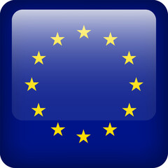 European Union flag button. Square emblem of EU. Vector Europa flag, symbol. Colors and proportion correctly.