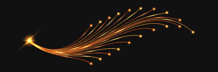 Fototapeta na wymiar Fiber optic cable lines. Swirl wave, yellow light glowing effect, thunder bolt. Cyber data communication, digital technology, futuristic Isolated on transparent background, vector illustration