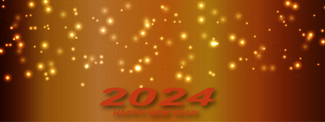 Abstract background with golden bokeh holiday concept and celebration background. Golden light shine stars particles bokeh background. Happy New year 2024 background.
