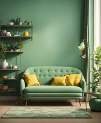 The living room has green tones, including yellow sofas and pillows.