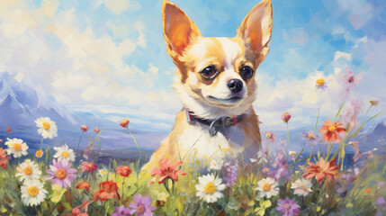 Digital oil painting of a cute chihuahua on a colorful blooming flower meadow, canvas texture, beautiful artistic image for poster, wallpaper, art print