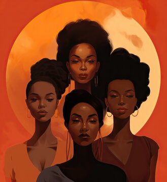 Black History Month, Illustration Of A Portrait Of Black Women With A Red Background