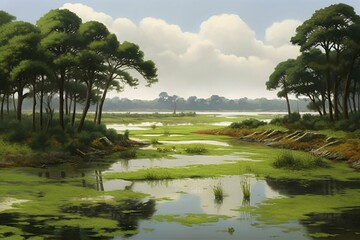 A serene coastal view displaying a marshland with still water mirroring the verdant plants. Generative AI