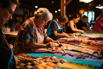 The workshop buzzes with activity as women skillfully stitch together colorful patches of fabric, turning them into vibrant quilts and blankets.  - obrazy, fototapety, plakaty