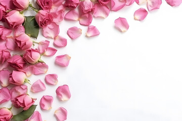 Banner with frame made of pink rose flowers and petals, springtime composition with copy space