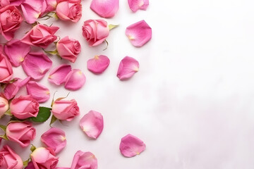 Banner with frame made of pink rose flowers and petals, springtime composition with copy space