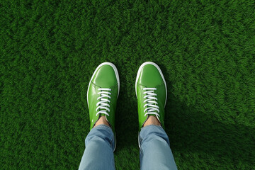 Selfie of green sneakers on green grass, top view. Space for text - obrazy, fototapety, plakaty