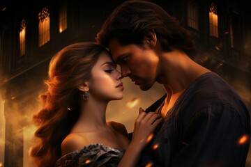 Whimsical Fantasy romance novel dance. Couple love. Generate Ai