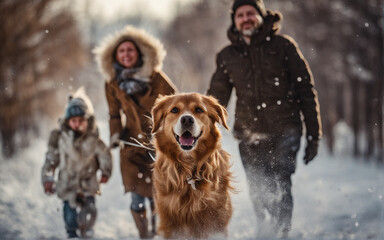 Happy family walking their pet golden retriever in the winter forest outdoors. Active Christmas holidays.