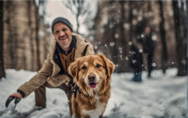 Happy man walking his pet golden retriever in the winter forest outdoors. Active Christmas holidays.