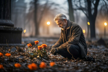 An elderly man kneeling at the grave and looking down - obrazy, fototapety, plakaty