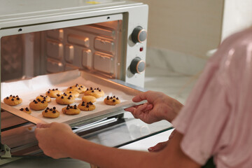 Cropped image of woman putting tray with chocolate chip cookies in oven - obrazy, fototapety, plakaty
