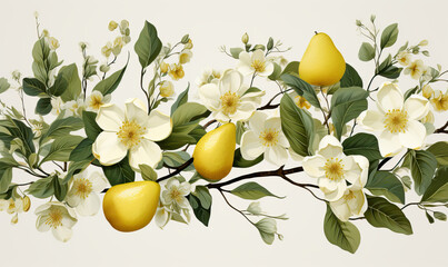Blooming branch with pears in vintage style.