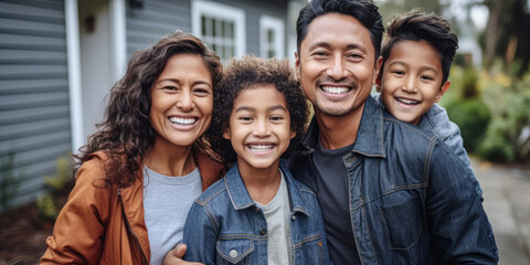 Smiling Faces, Happy Places: Multi-Ethnic Family on Driveway - obrazy, fototapety, plakaty