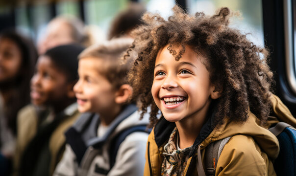 Ready for Adventure: Diverse Elementary Students on School Bus with Adults