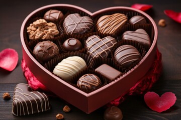 A tasty assortment of heart-shaped chocolate pralines in a gift box for Valentine's Day. Generative AI