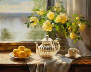 Oil paintings still life with flowers. Beautiful still life with chrysanthemums, lemons and tea. Still life against the background of a window overlooking the river.
