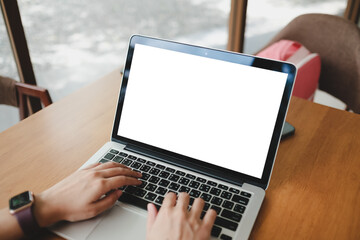 mockup image computer blank screen for hand typing text,using laptop contact business searching...