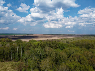 Blue cloudy skies over a dense forest, aerial view. Beautiful cloudy sky over the forest.