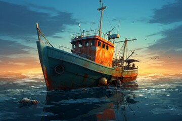 Sturdy Fishing boat. Net fishery ocean. Generate Ai - obrazy, fototapety, plakaty