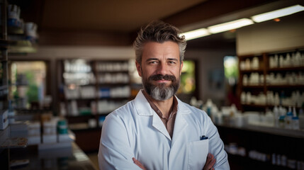 Obraz premium Portrait of confident male pharmacist standing with arms crossed in drugstore.AI generation