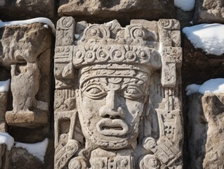 Obraz premium Ancient stone carving of a figure wearing an ornate head in snowy rocks. Archaeological monument. Pagan traditional holidays