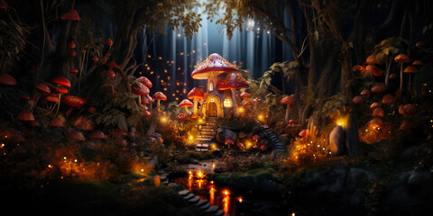 Miniature fairy house in amanita muscaria mushroom. Fairy tale mushroom house in the middle of a magical forest - obrazy, fototapety, plakaty
