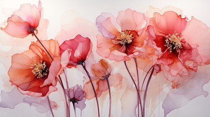 Poppy flowers on watercolor background, soft focus, floral art. AI generation