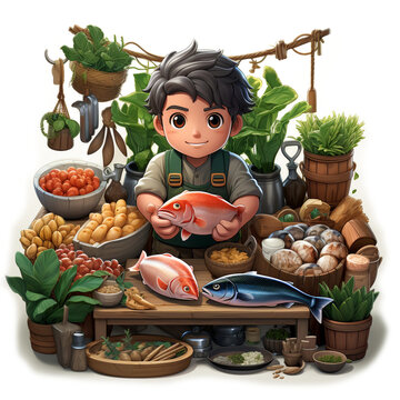 boy holding fish at market stall clip art preview