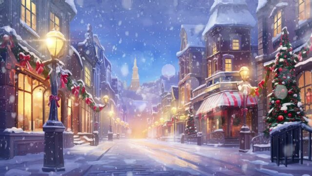 Pedestrians navigate snowy cityscape with holiday decorations and taxis. Wintry city evening vibe.