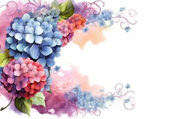 Colorful floral frame with hydrangeas, leaves, and raindrop lace. Generative AI