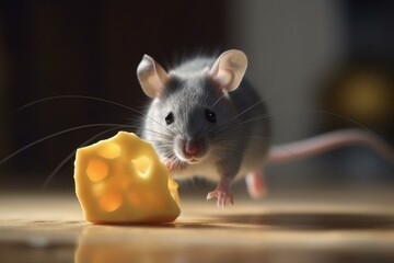 Gray mouse running with cheese. Generative AI