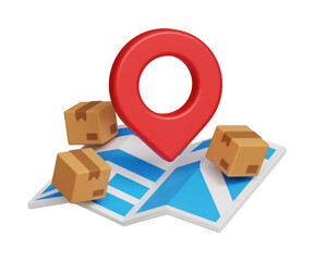 3D Product delivery concept. Product shipping, tracking location. Map with cardboard boxes and location pin icon. 3d illustration