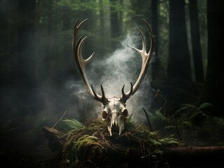 Majestic smoky deer with big antlers amidst misty forest. Magical wildlife. Pagan holidays and solstice. Suitable for wallpapers, nature cards, background with copy space for text