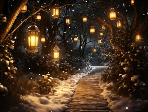 Enchanted snowy path with lanterns. Christmas and New Year's night magic. Design for greeting card, poster, wallpapers