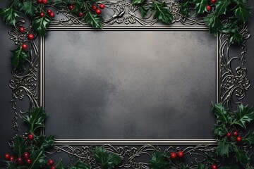Elegant Christmas frame with holly berries. Christmas and New Year concept. Perfect for greeting cards, background, banner with copy space for text