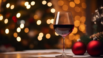 Foto op Plexiglas red wine on the table against the background of christmas tree © Nicolas Swimmer