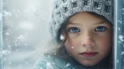 Child peeking through a frosted window close up