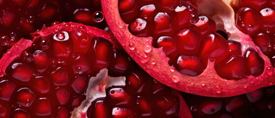 Crimson pomegranate seeds captured in macro.
