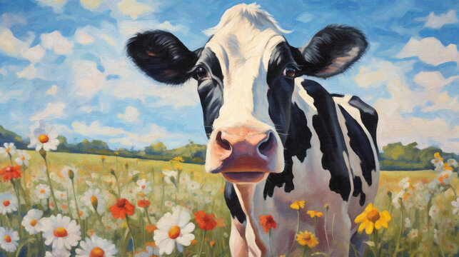Digital oil painting of a peaceful black and white holstein cow on a colorful blooming pasture, canvas texture. Beautiful artistic image for poster, wallpaper, art print.