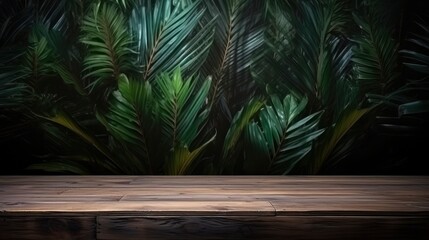 Long wooden table against a background of dark green tropical leaves. Template for advertising, design of your product, presentation of cosmetics, mockup. Tropical jungle background