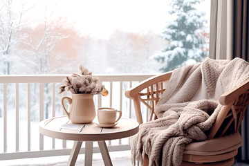 Interior of balcony with armchair, blanket, coffee, notebook, branches of Christmas tree. View of winter landscape - obrazy, fototapety, plakaty