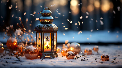 Beautiful winter background Christmas decoration with a lantern in the snow in a winter park image...