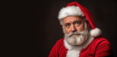 Portrait of elderly man with gray beard in Santa Claus costume is serious, sad, gloomy, thoughtful on dark black background. New Year, Christmas