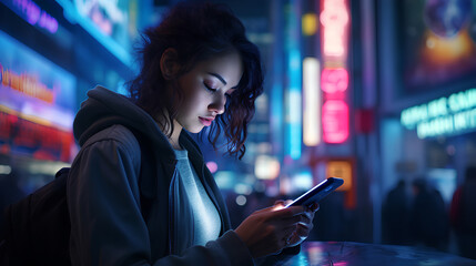 Woman using mobile phone in city at the night.
