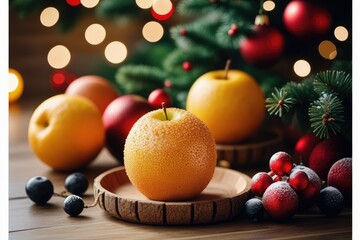 Festive Fruit and Ornament Decorations in a Christmas Tree Forest